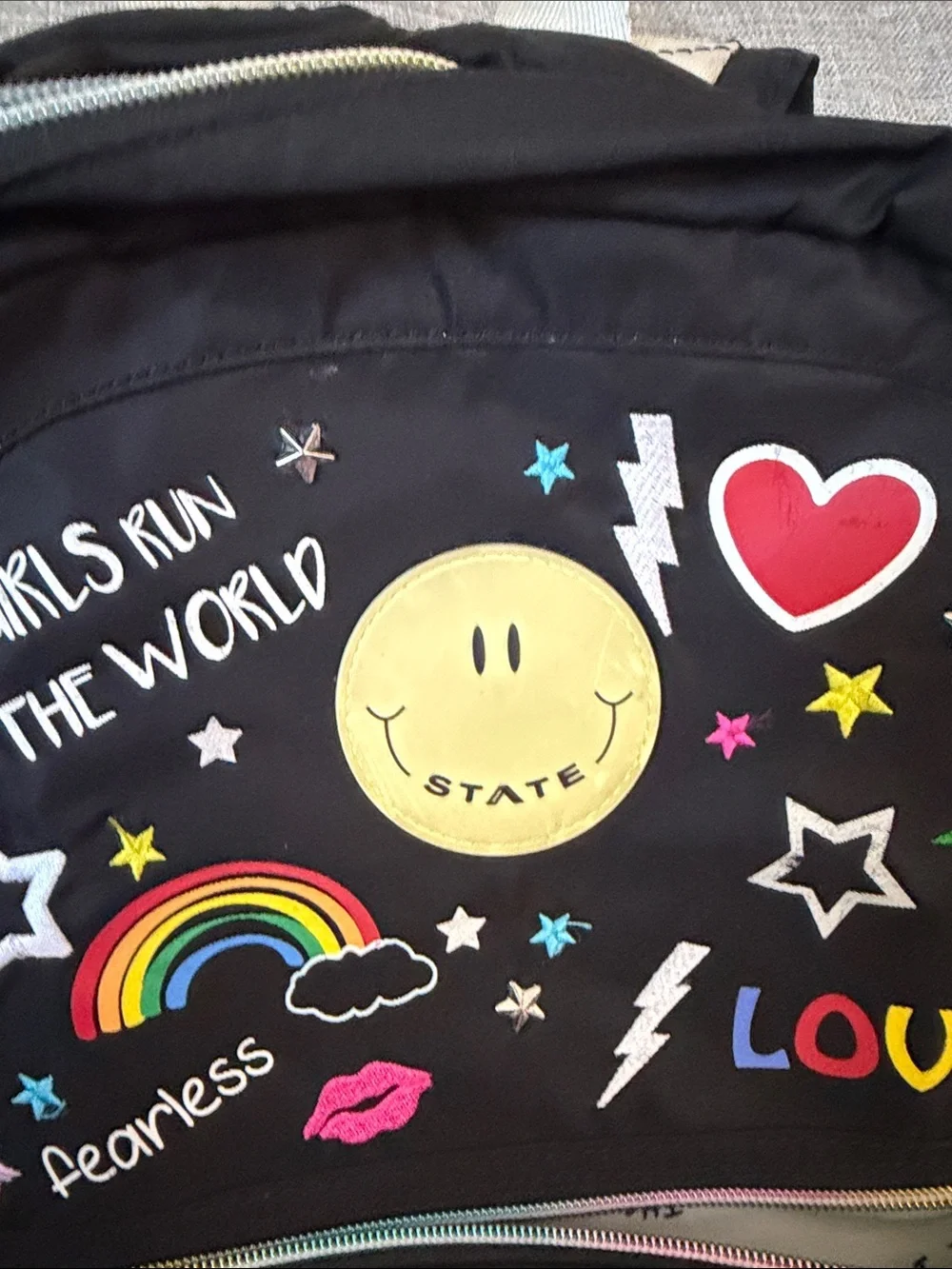 STATE Black Kids Backpack with Rainbow, Yellow Smiley & Colorful Patches
